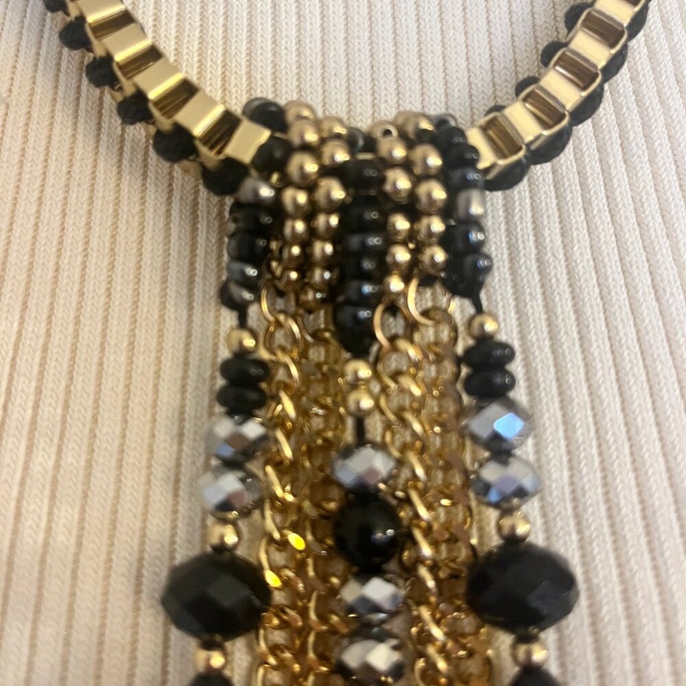 Black & Gold Chunky Chain Statement Necklace / Fringe Bib - Picture 6 of 9